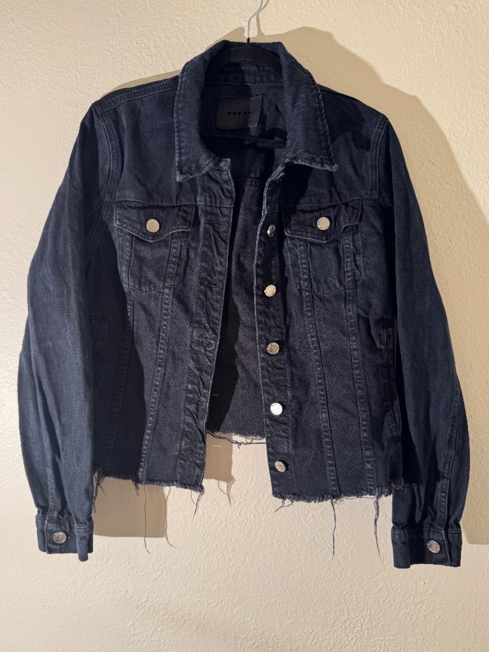 Blank NYC Blue Black Navy Denim Distressed Jacket Size L